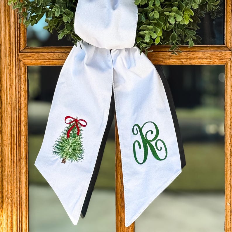 Personalized Christmas Tree Wreath Sash, Red Ticking Stripe Front Door Bow, Embroidered Holiday Decor