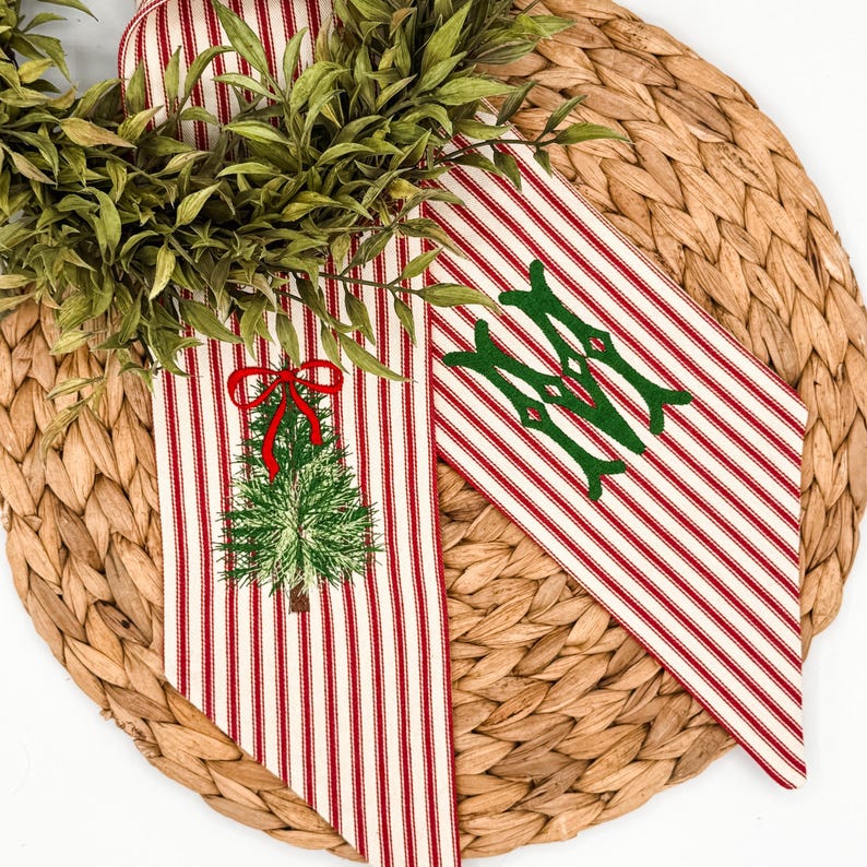 Personalized Christmas Tree Wreath Sash, Red Ticking Stripe Front Door Bow, Embroidered Holiday Decor