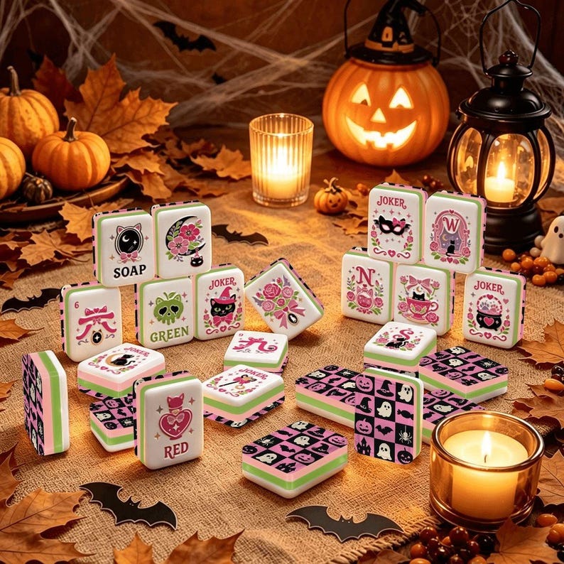 Halloween Mahjong Tiles, Spooky Cute American Mahjong Set, Black Cat Mahjong, Pink Halloween Tiles