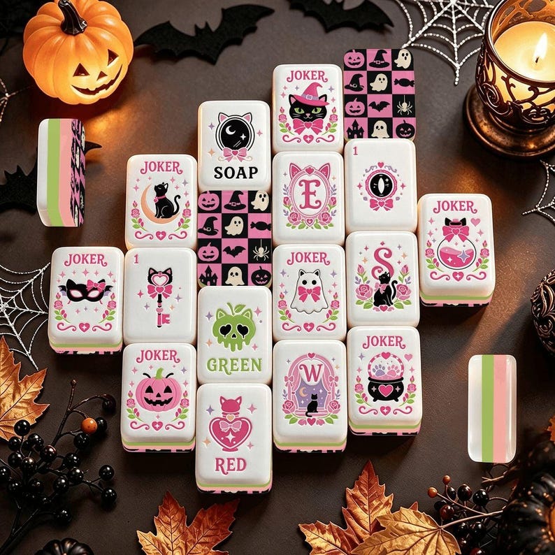 Halloween Mahjong Tiles, Spooky Cute American Mahjong Set, Black Cat Mahjong, Pink Halloween Tiles