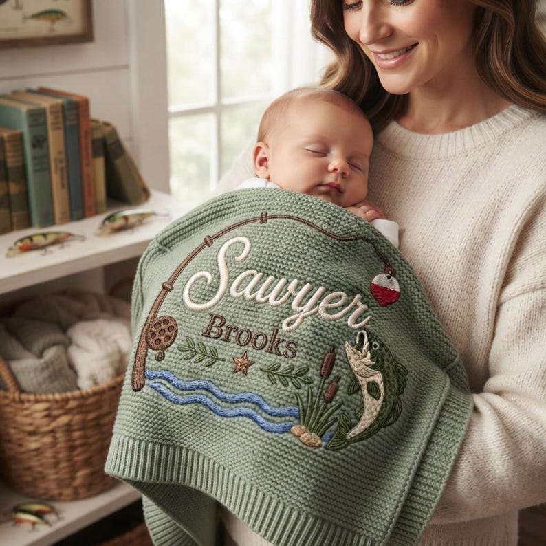 Personalized Fishing Baby Blanket Name, Custom Embroidered Fishing Rod Fish Baby Shower Gift, Welcome Baby Blanket