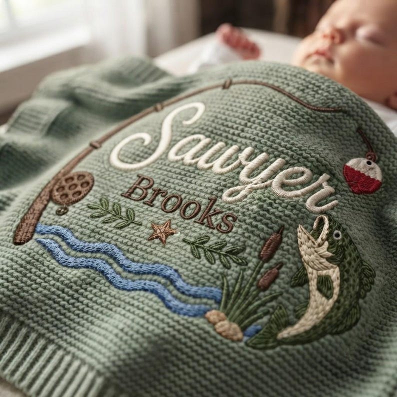 Personalized Fishing Baby Blanket Name, Custom Embroidered Fishing Rod Fish Baby Shower Gift, Welcome Baby Blanket