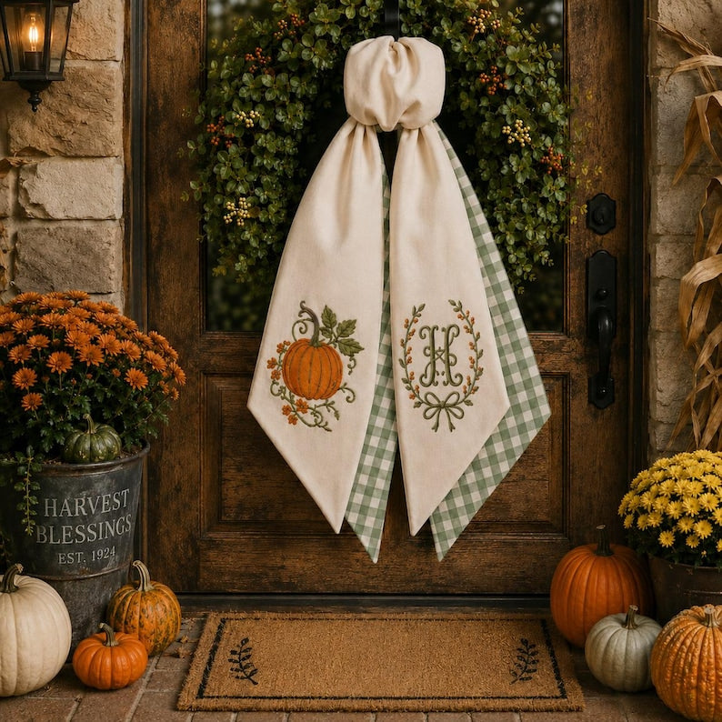 Embroidered Monogrammed Pumkin Halloween Thanksgiving Fall Wreath Sash, Sash Pumpkin Personalized Holiday Gift