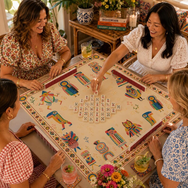 Whimsical Folk Art Mahjong Mat, Colorful Tribal Character Mahjong Table Mat, Eclectic Boho Game Mat