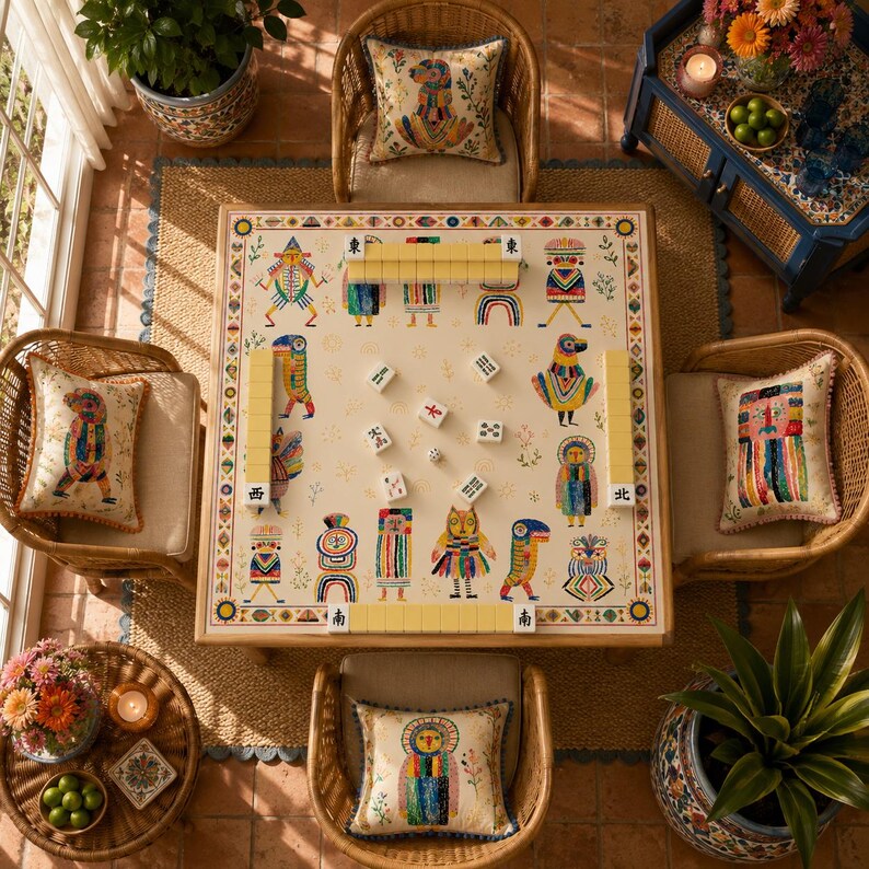 Whimsical Folk Art Mahjong Mat, Colorful Tribal Character Mahjong Table Mat, Eclectic Boho Game Mat