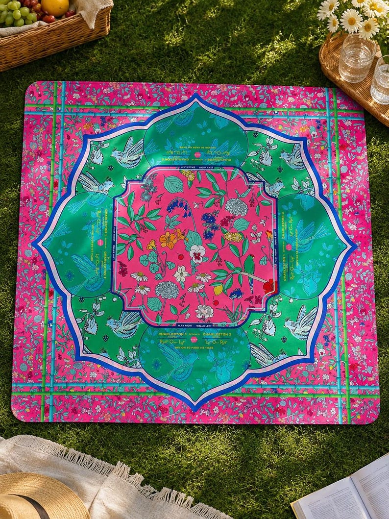 Floral Mahjong Mat, Colorful Flower Game Table Pad, Waterproof Non Slip Quiet Rubber Mat, Board Game Mat