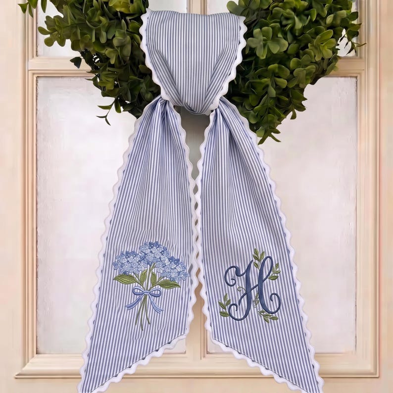 Custom Embroidery Hydrangea Wreath Sash, Personalize Monogram Bow Wedding Decor, Floral Ticking Stripe Ribbon Bow
