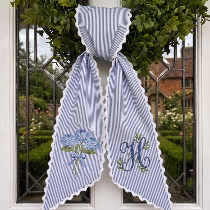 Custom Embroidery Hydrangea Wreath Sash, Personalize Monogram Bow Wedding Decor, Floral Ticking Stripe Ribbon Bow