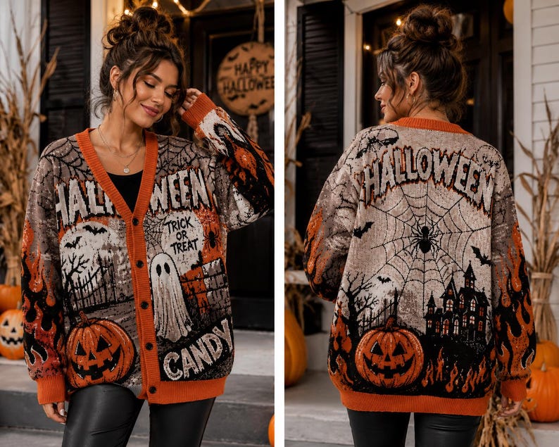 Halloween Cardigan Sweater, Spooky Pumpkin Knit Cardigan, Ghost Trick or Treat Sweater, Gothic Fall Knitwear