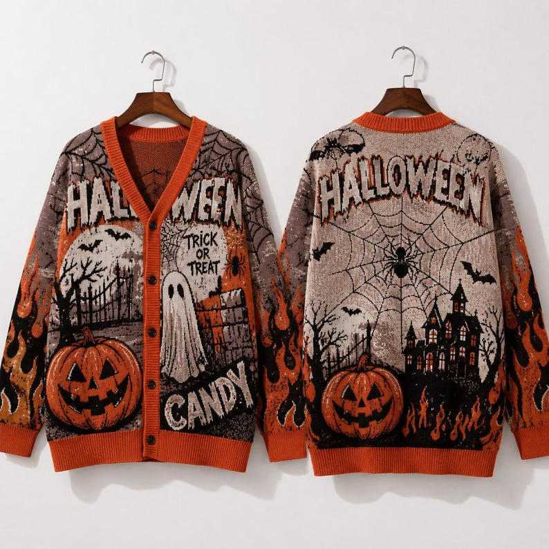 Halloween Cardigan Sweater, Spooky Pumpkin Knit Cardigan, Ghost Trick or Treat Sweater, Gothic Fall Knitwear