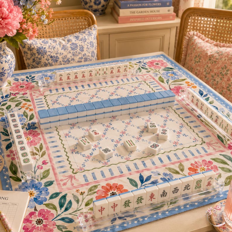 Watercolor Floral Garden Mahjong Mat, American Mahjong Mat, Blue Pink Botanical Lattice, Preppy Grandmillennial Mahjong Gift