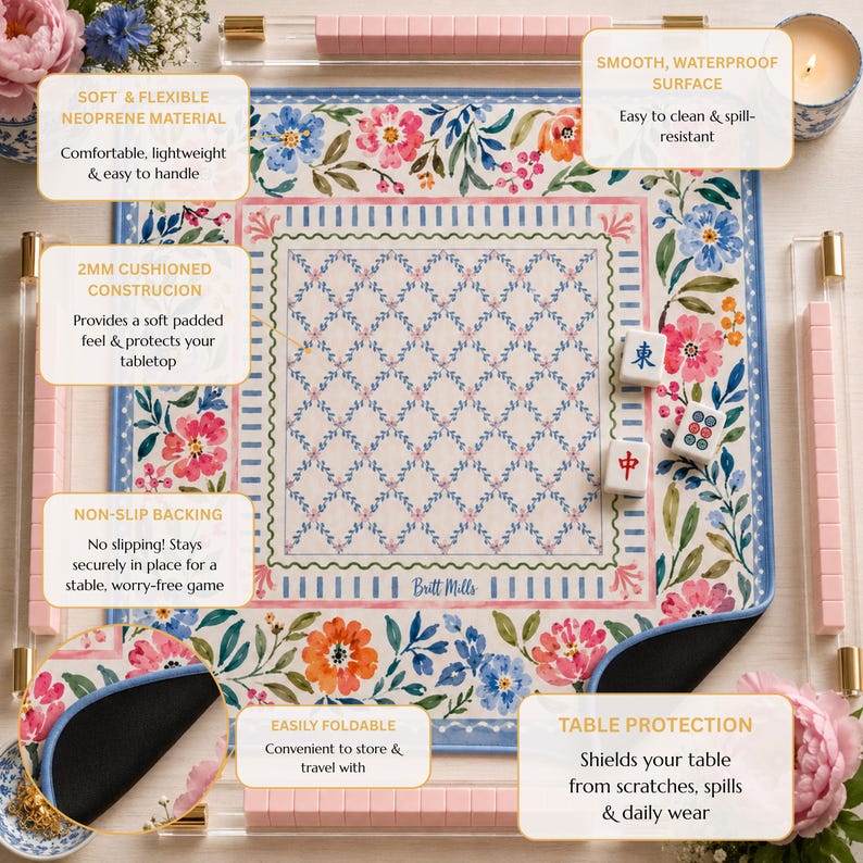 Watercolor Floral Garden Mahjong Mat, American Mahjong Mat, Blue Pink Botanical Lattice, Preppy Grandmillennial Mahjong Gift