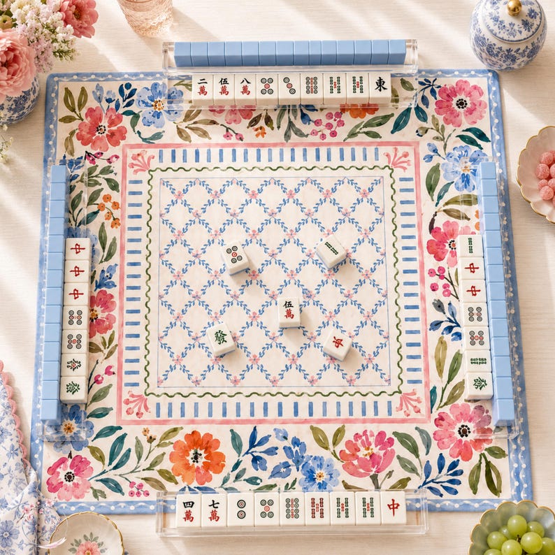 Watercolor Floral Garden Mahjong Mat, American Mahjong Mat, Blue Pink Botanical Lattice, Preppy Grandmillennial Mahjong Gift