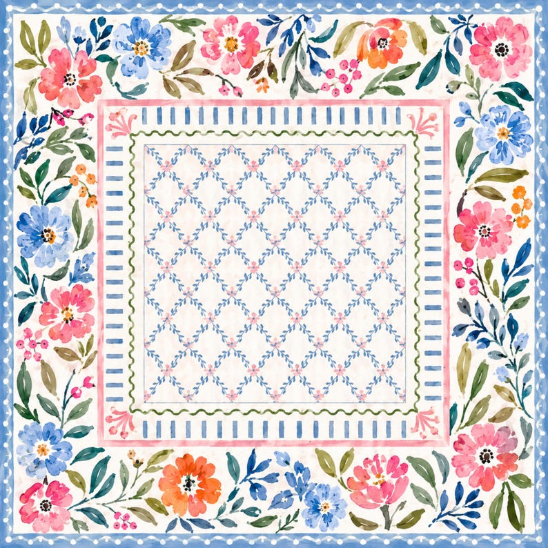 Watercolor Floral Garden Mahjong Mat, American Mahjong Mat, Blue Pink Botanical Lattice, Preppy Grandmillennial Mahjong Gift
