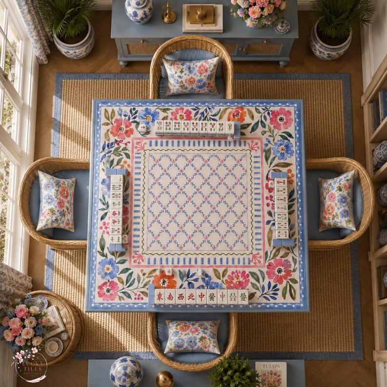 Watercolor Floral Garden Mahjong Mat, American Mahjong Mat, Blue Pink Botanical Lattice, Preppy Grandmillennial Mahjong Gift