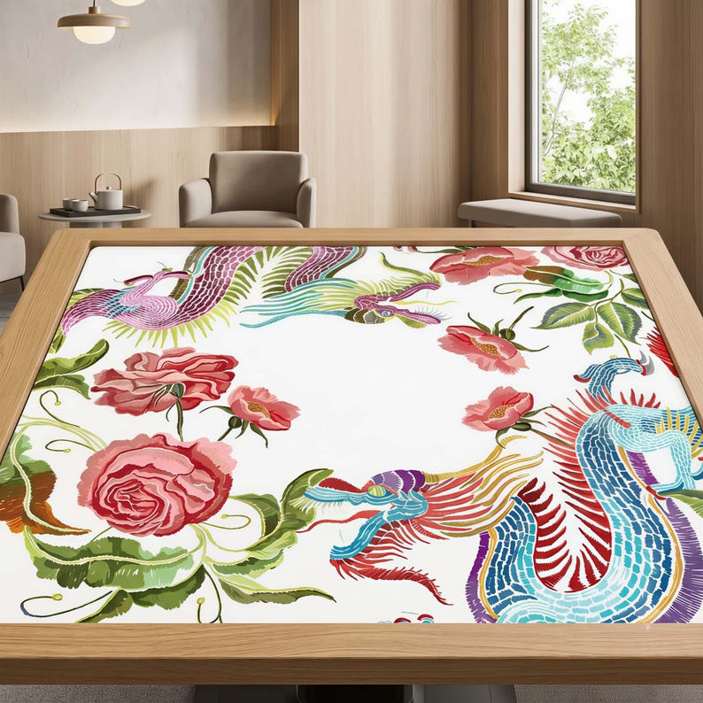 Chinoiserie Floral Dragon Mahjong Mat, Anti-Slip Chinese Table Cover, Large Board Game Playmat