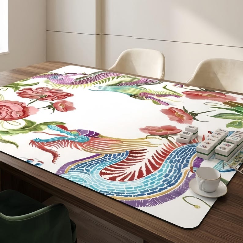 Chinoiserie Floral Dragon Mahjong Mat, Anti-Slip Chinese Table Cover, Large Board Game Playmat