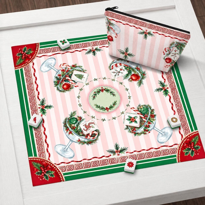 Christmas in July Mahjong Mat, Pink Stripe Candy Cane Game Mat, Preppy Holiday Gift, Non Slip Cover
