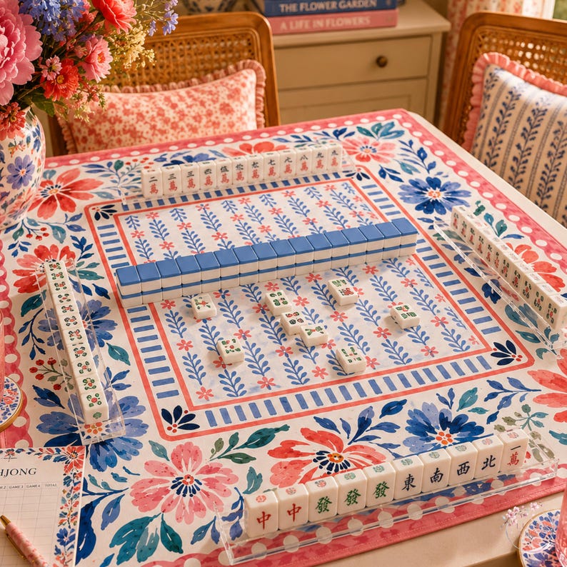 Pink Floral Mahjong Mat, American Mahjong Mat, Blue Botanical Stripe, Preppy Grandmillennial Mahjong Gift