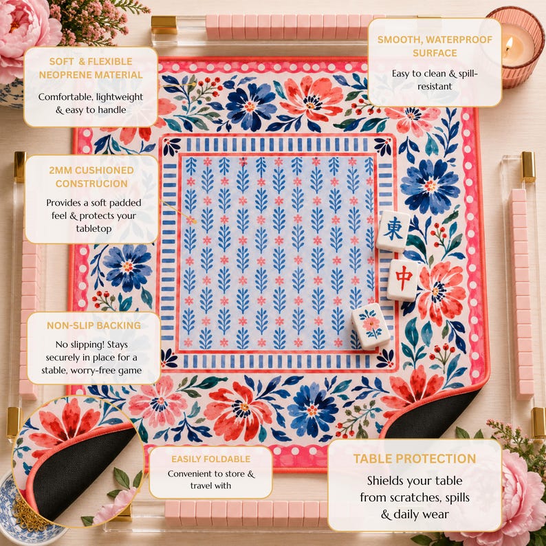 Pink Floral Mahjong Mat, American Mahjong Mat, Blue Botanical Stripe, Preppy Grandmillennial Mahjong Gift