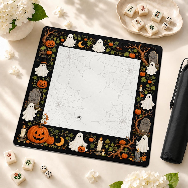 Spooky Halloween Mahjong Mat, Ghosts Pumpkins And Spiderwebs Mahjong Accessories