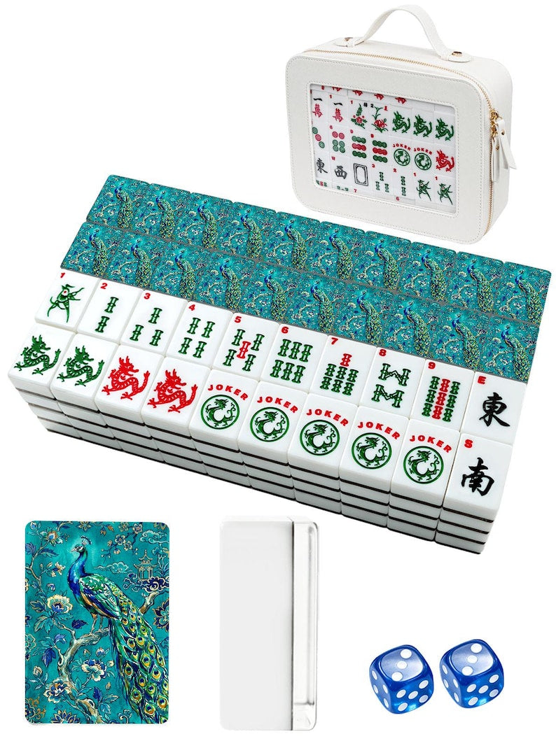 Chinoiserie Peacock Mahjong Set with Case, American Mahjong Tiles, Grandmillennial Mahjong Game, Cute Mahjong Gift