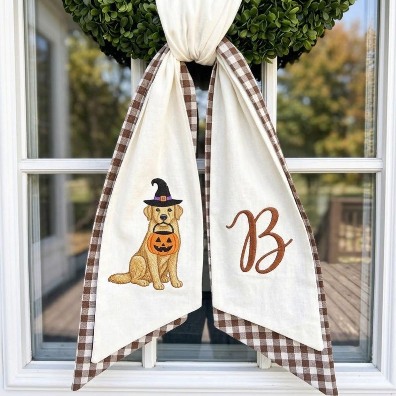 Custom Dog Halloween Wreath Sash Embroidered Fall Front Door Decor Golden Retriever Initial Monogram