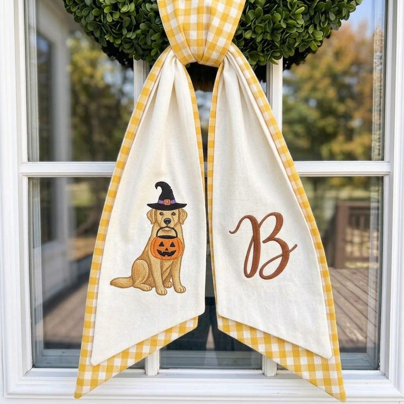 Custom Dog Halloween Wreath Sash Embroidered Fall Front Door Decor Golden Retriever Initial Monogram