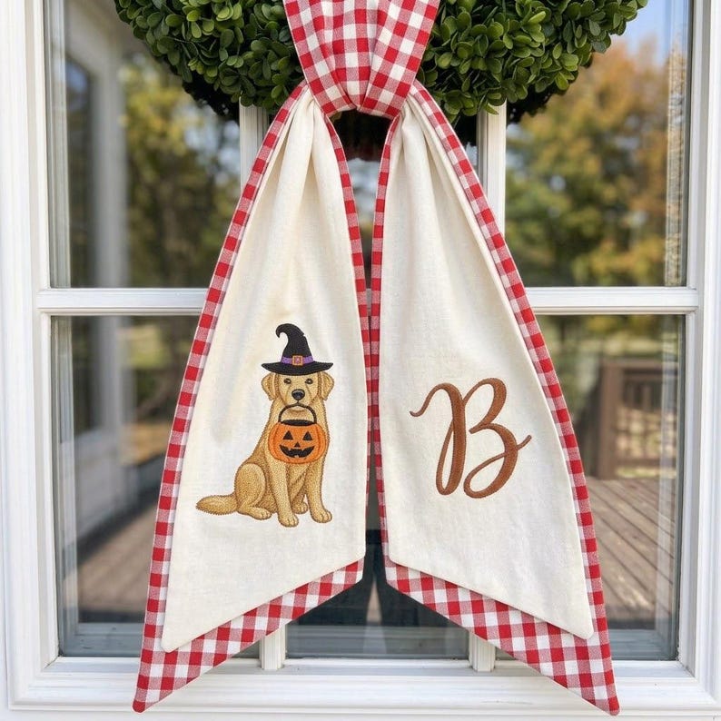 Custom Dog Halloween Wreath Sash Embroidered Fall Front Door Decor Golden Retriever Initial Monogram