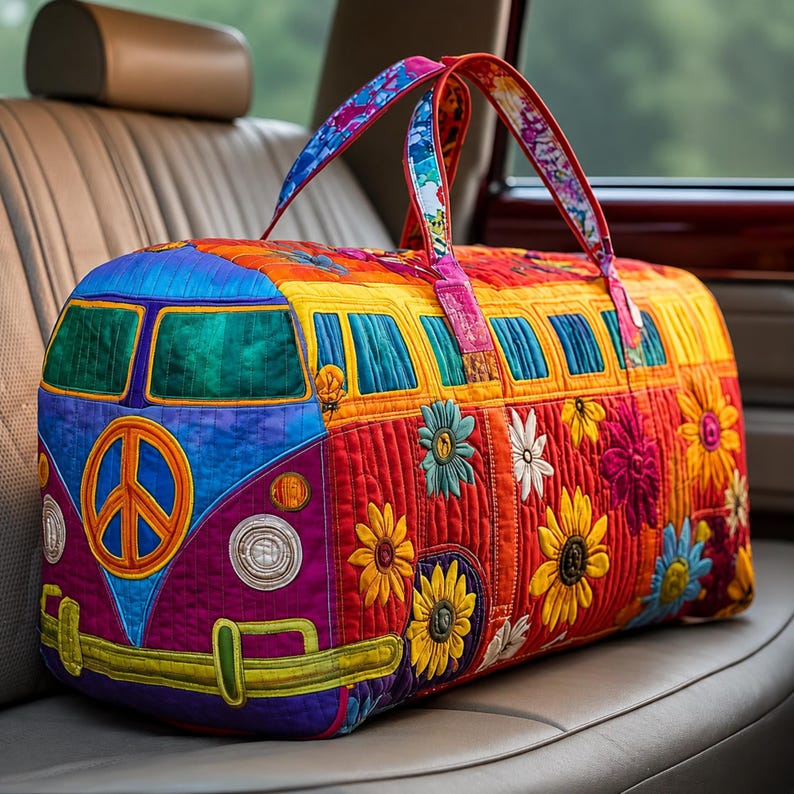 Custom Quilted Duffel Bag, Sunflower Hippie Camper Van Weekender, Boho Road Trip Carry On
