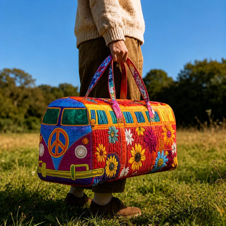 Custom Quilted Duffel Bag, Sunflower Hippie Camper Van Weekender, Boho Road Trip Carry On
