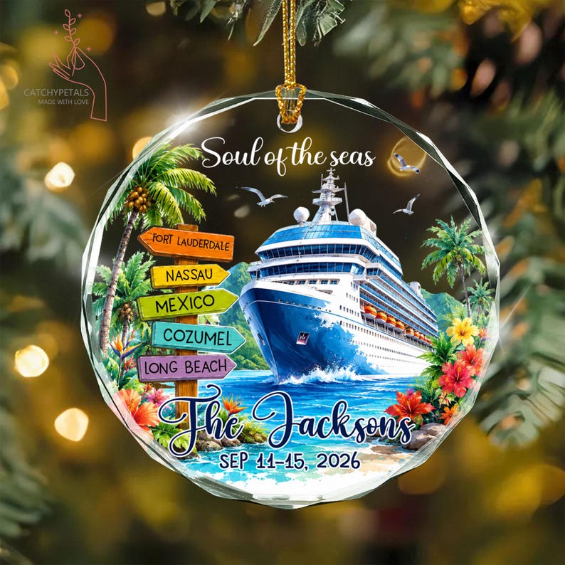 Custom Cruise Travel Adventure Ornament, Traveling Destination Glass Ornament, Travel Gift, Cruise Ship Keepsake