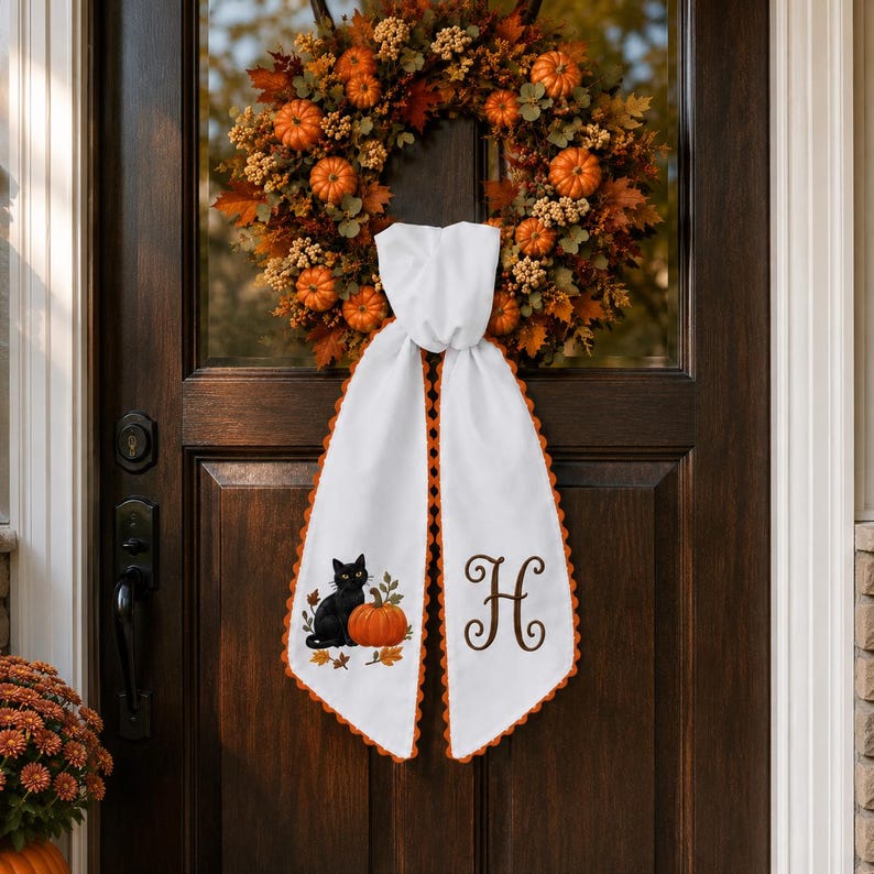 Personalized Halloween Wreath Sash, Black Cat Pumpkin Door Bow, Halloween Sash, Wreath Sash, Door Bow