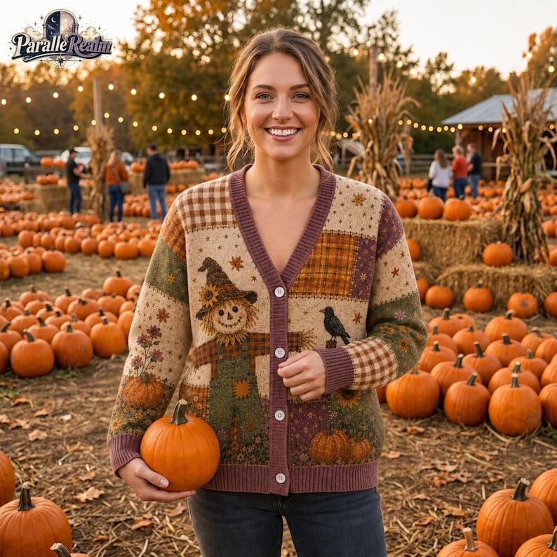 Personalized Halloween Cardigan, Scarecrow Pumpkin Patchwork Sweater, Fall Harvest Knit