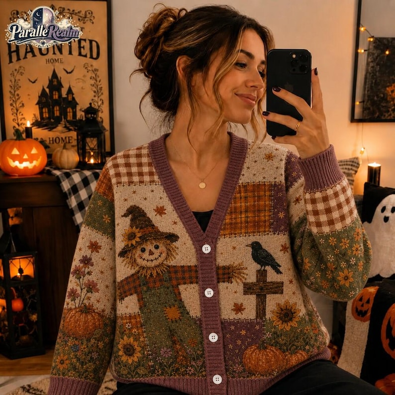 Personalized Halloween Cardigan, Scarecrow Pumpkin Patchwork Sweater, Fall Harvest Knit