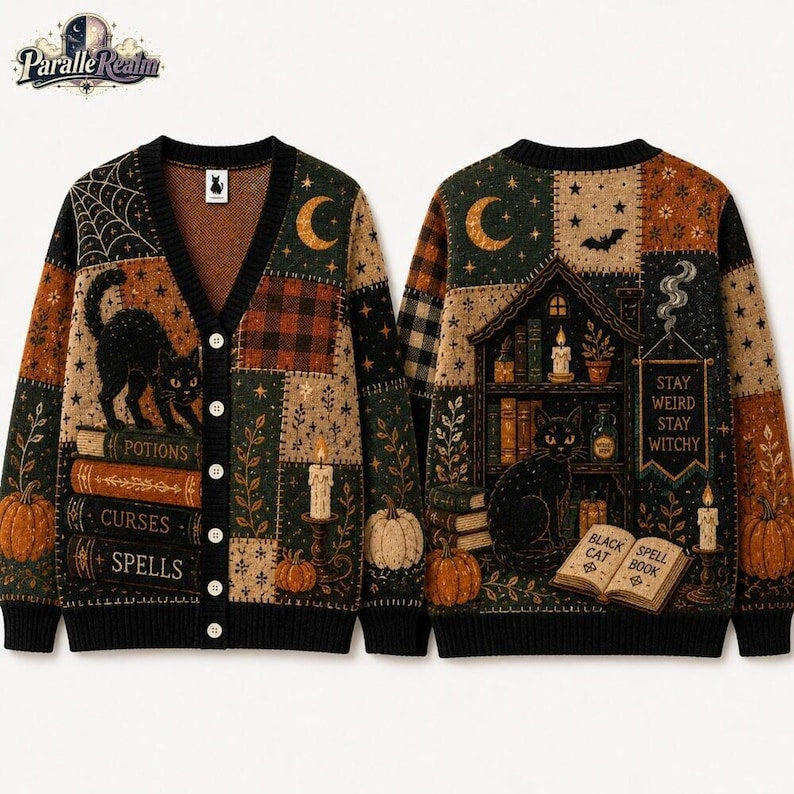Vintage Witchy Black Cat Cardigan, Halloween Patchwork Sweater, Fall Pumpkin Patch Knit, Spooky Gift