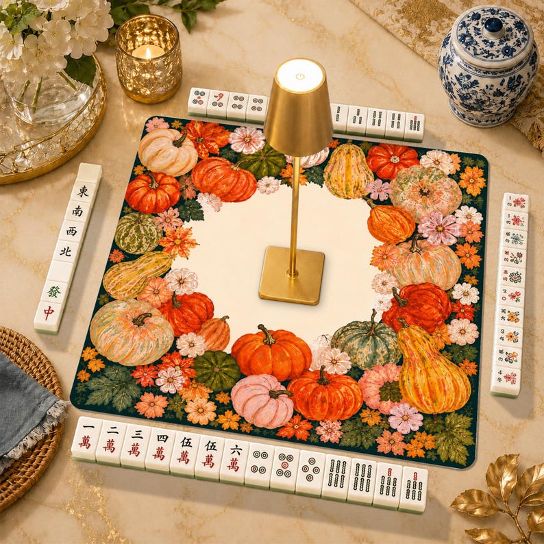 Autumn Harvest Mahjong Mat, Festive Fall Pumpkin Mah Jongg Table Cover, Floral Hostess Mahj Gift