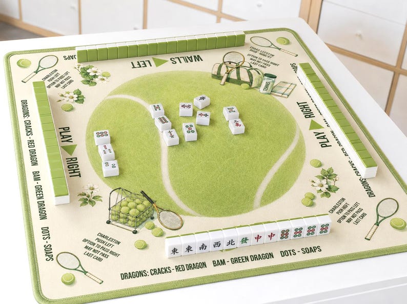 Preppy Tennis Mahjong Mat, Green Court Table Cover, Racket Game Rules Mat, Non-Slip Hostess Gift