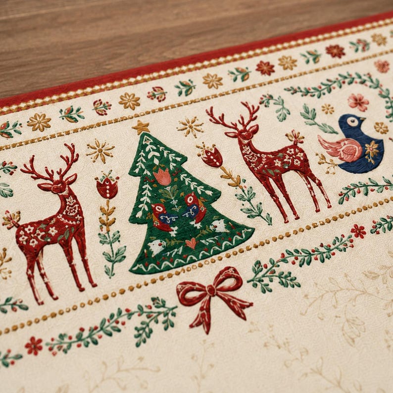 Custom Mahjong Mat Gift for Her, Scandi Folk Christmas Theme Neoprene Mah Jongg Table Cover, White Green Red Room Decor