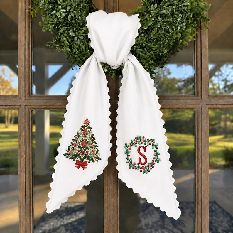 Custom Christmas Tree Wreath Sash, Personalized Embroidered Monogram Door Bow, Holiday Front Door Decor