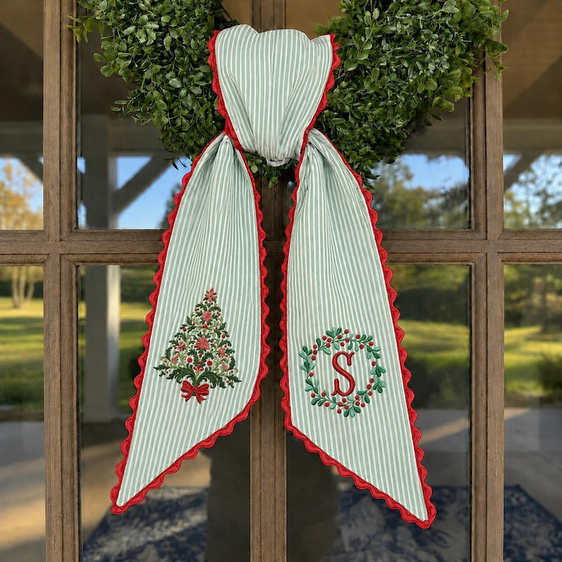 Custom Christmas Tree Wreath Sash, Personalized Embroidered Monogram Door Bow, Holiday Front Door Decor