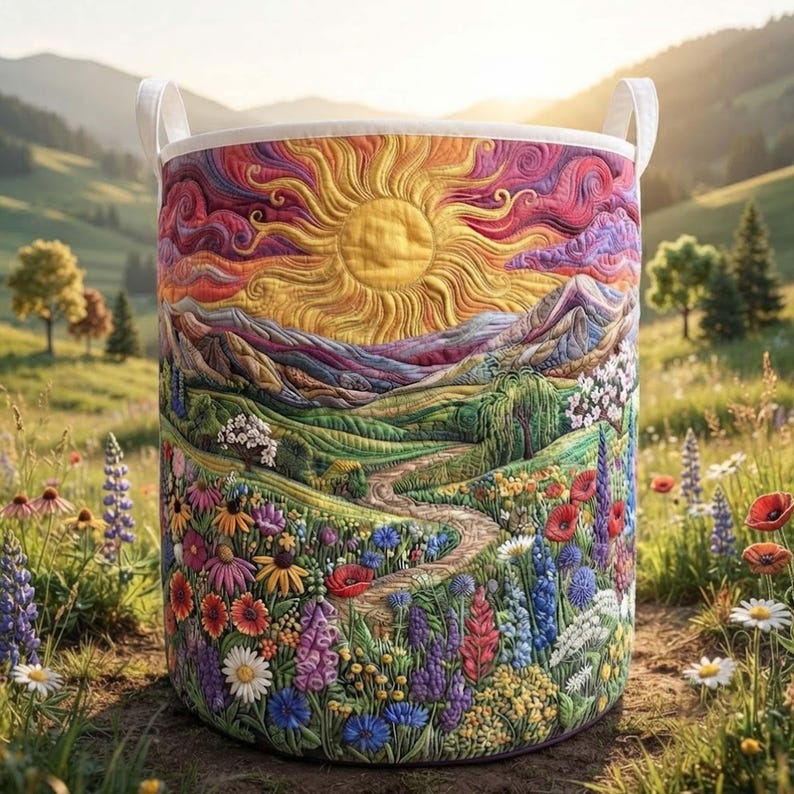 Floral Valley Quilted Laundry Basket, Wildflower Storage Bin, Nature Landscape Hamper