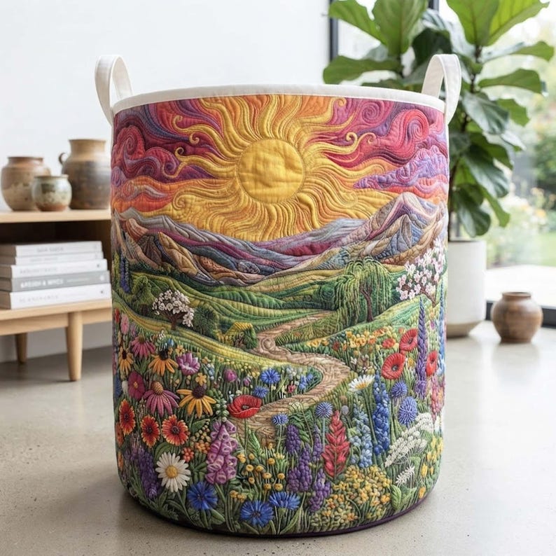 Floral Valley Quilted Laundry Basket, Wildflower Storage Bin, Nature Landscape Hamper