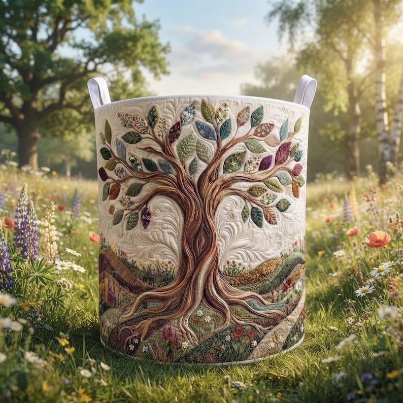 Tree of Life Quilted Laundry Basket, Colorful Tree Clothes Hamper, Housewarming Gift