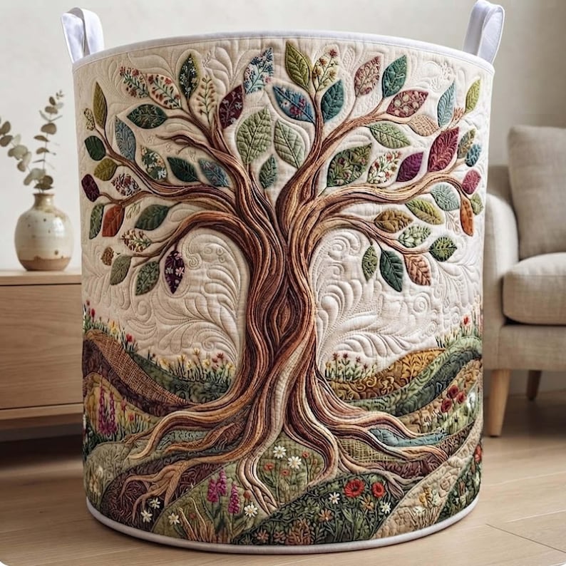 Tree of Life Quilted Laundry Basket, Colorful Tree Clothes Hamper, Housewarming Gift