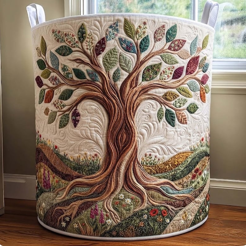 Tree of Life Quilted Laundry Basket, Colorful Tree Clothes Hamper, Housewarming Gift