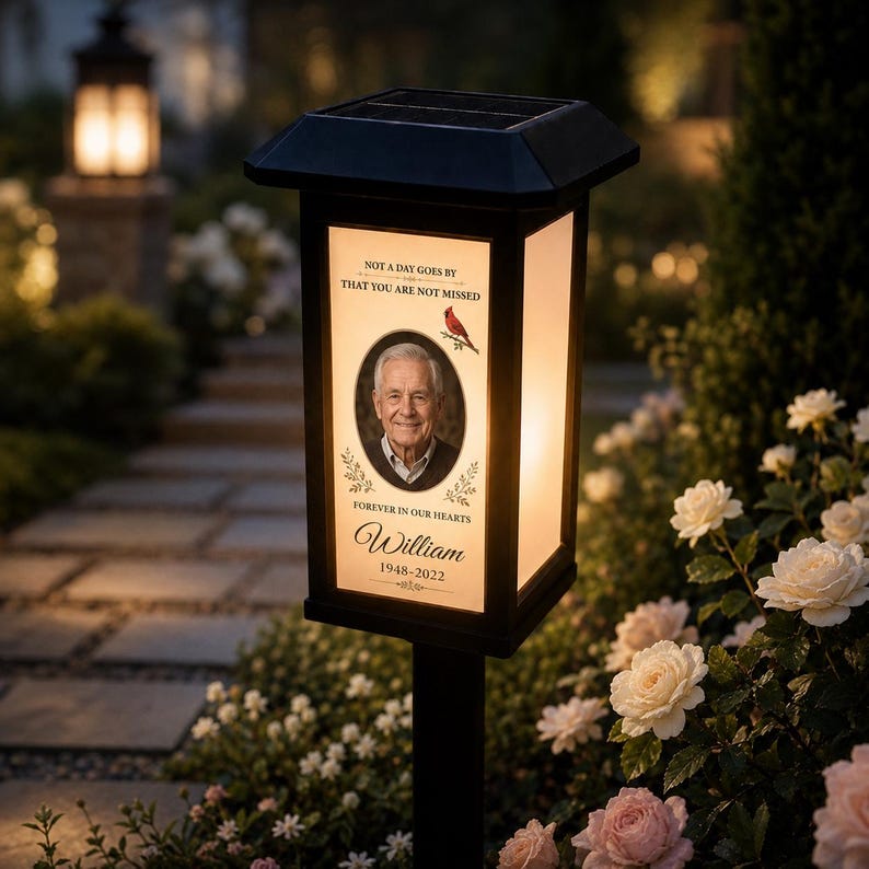 Personalized Memorial Solar Lantern, Custom Photo Garden Stake Light, Waterproof Gravesite Decoration