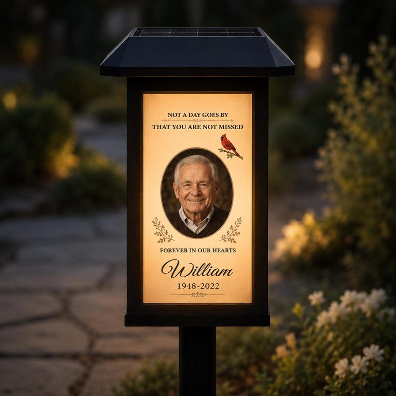 Personalized Memorial Solar Lantern, Custom Photo Garden Stake Light, Waterproof Gravesite Decoration