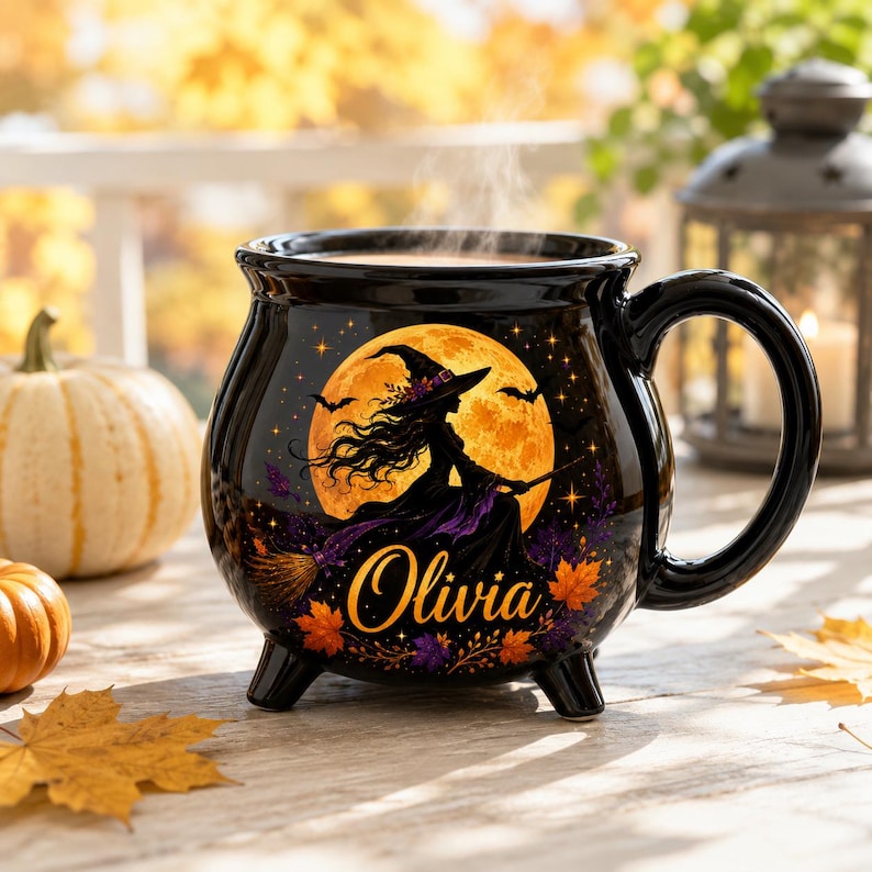 Personalized Witch Cauldron Mug, Custom Witch Halloween Ceramic Coffee Cup, Spooky Witchy, Spooky Fall Drinkware