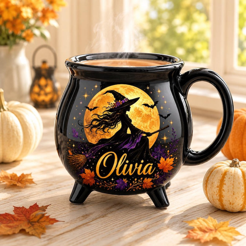 Personalized Witch Cauldron Mug, Custom Witch Halloween Ceramic Coffee Cup, Spooky Witchy, Spooky Fall Drinkware